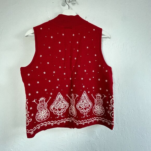 Talbots Women Red Holiday Sweater Vest Snowman Christmas Zip Front Medium Petite - Picture 2 of 7